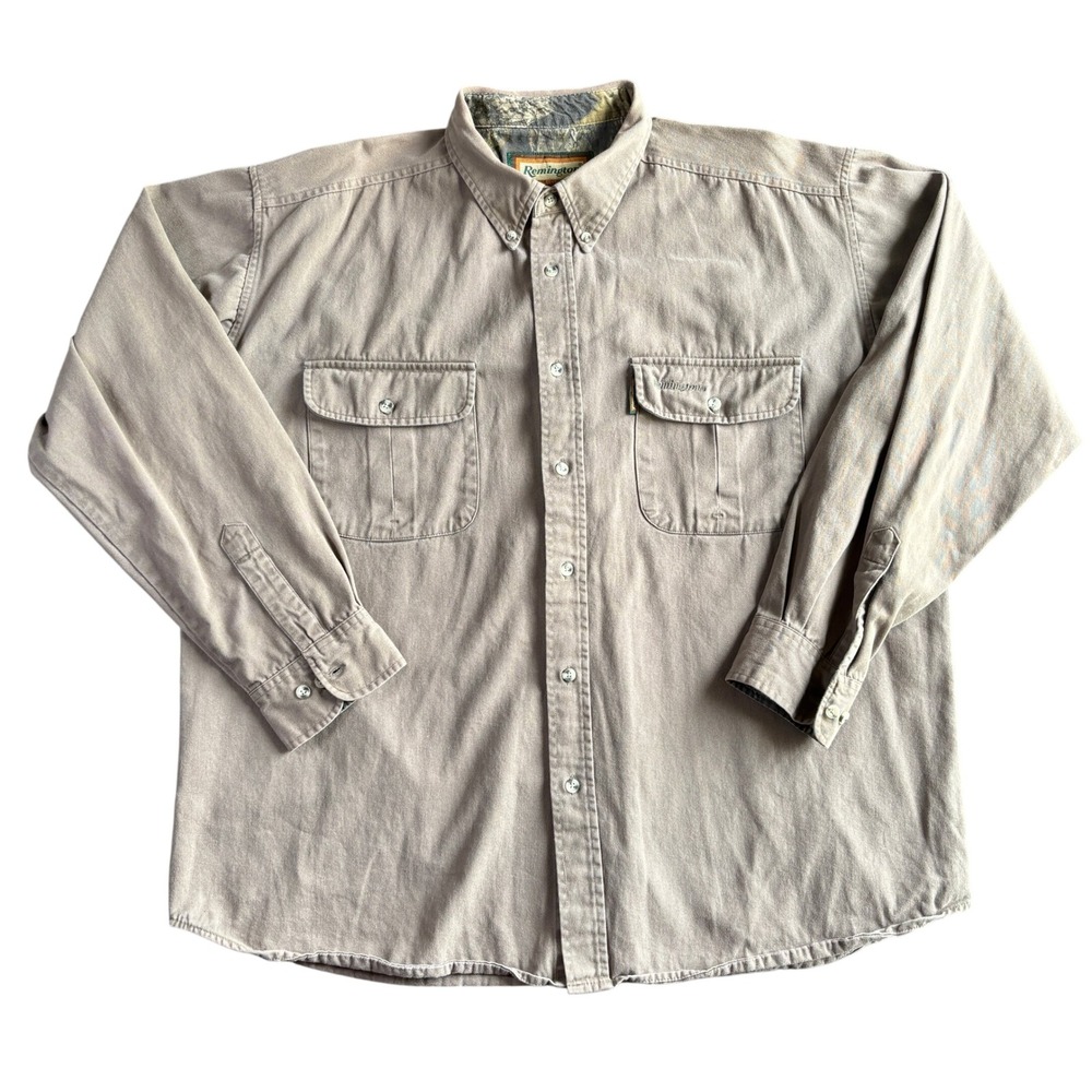 Remington Mens XL Button Down Shirt Mud Brown Camo Trim Cotton DI 17127 MD